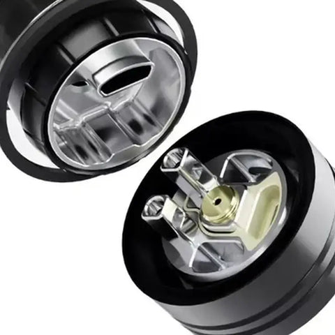 Close-up of a mechanical component with black and silver design on a white background