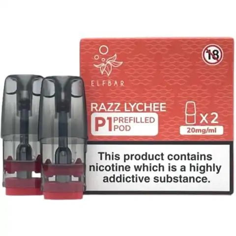 Elf Bar Mate P1 Prefilled Pods (2 Pods) Razz Lychee On White Background