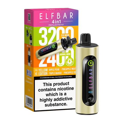 elfbar 4in1 pod vape yellow edition on black background