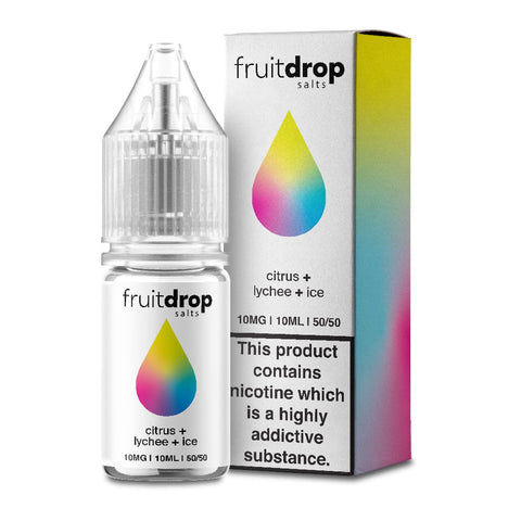 Fruit Drop 10ml Nic Salts 10mg / Citrus Lychee Ice On White Background