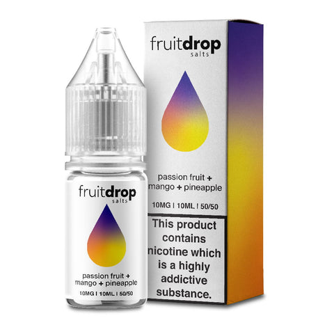 Fruit Drop 10ml Nic Salts 10mg / Passionfruit Mango Pineapple On White Background