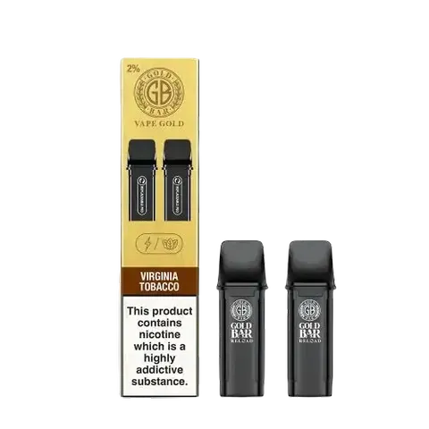 gold bar reload prefilled virginia tobacco replacement pods on black background