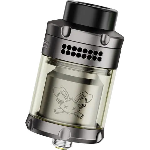 hellvape dead rabbit 3 rta 2024 edition gunmetal front side tilted on clear background