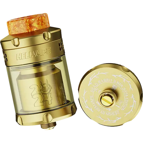 hellvape dead rabbit 3 rta 2024 edition gold back side & gold bottom logo on clear background