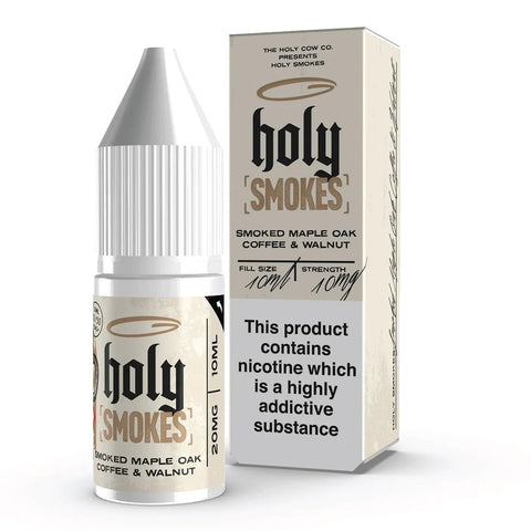 Holy Smokes Nic Salt E-Liquids Smoked Maple Oak Coffee & Walnut / 10mg On White Background