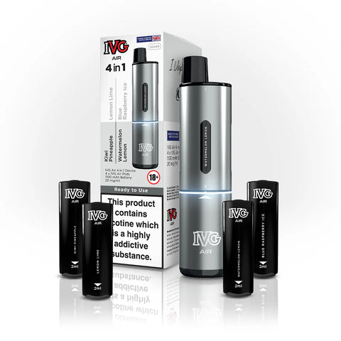 ivg air 4 in 1 pod vape kit silver on white background