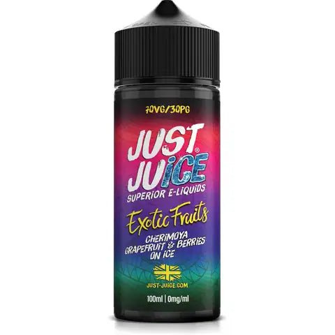 Just Juice Exotic Fruits 100ml Shortfill E-Liquid Cherimoya Grapefruit & Berries On Ice On White Background