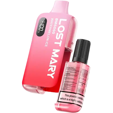 lost mary bm6000 watermelon ice disposable vape kit on a clear background