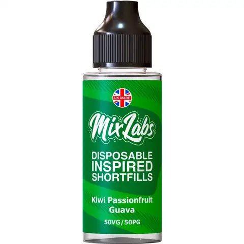 Mix Labs 100ml Disposable Inspired Shortfill E-Liquid Kiwi Passionfruit Guava On White Background