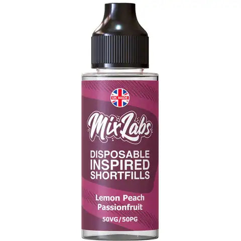 Mix Labs 100ml Disposable Inspired Shortfill E-Liquid Lemon Peach Passionfruit On White Background