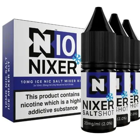 nixer 10mg ice nic salt shot 3 pack kit on white background