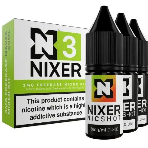 nixer 3mg freebase nic shot 3 pack kit on white background