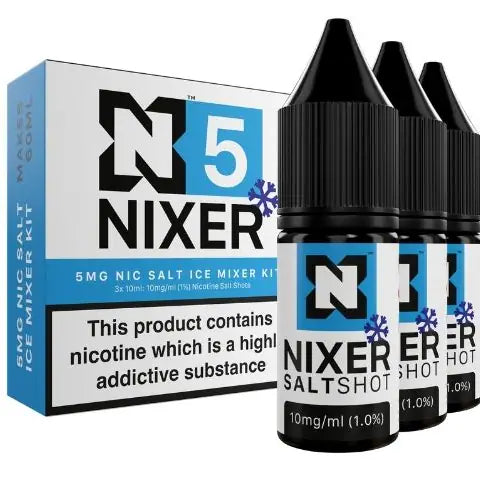 nixer 5mg ice nic salt shot 3 pack kit on white background