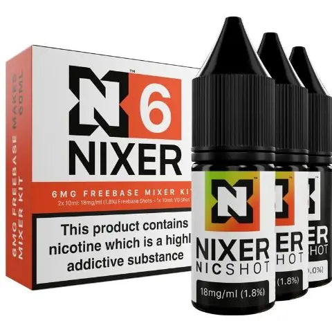 nixer 6mg freebase nic shot 3 pack kit on white background