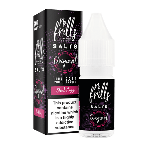 No Frills Original 10ml Nic Salt E-Liquid 10mg / Black Razz On White Background