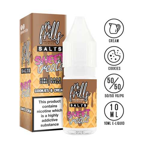 No Frills Sweet Treats 10ml Nic Salt E-Liquid 10mg / Cookies & Cream On White Background