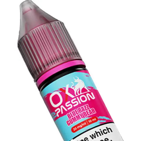 ox passion nic salt bar juice blue razz gummy bear on a white background