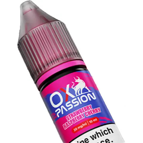 ox passion nic salt bar juice strawberry raspberry cherry on a white background