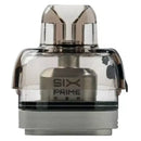 Clear and silver vaping device with 'SIX PRIME RBA' branding on a white background