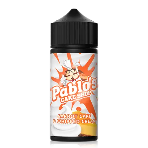 Pablos Cake Shop 100ml Shortfill E-Liquids Carrot Cake and Whipped Cream On White Background