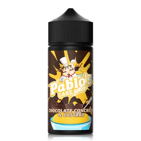 Pablos Cake Shop 100ml Shortfill E-Liquids Chocolate Concrete and Custard On White Background