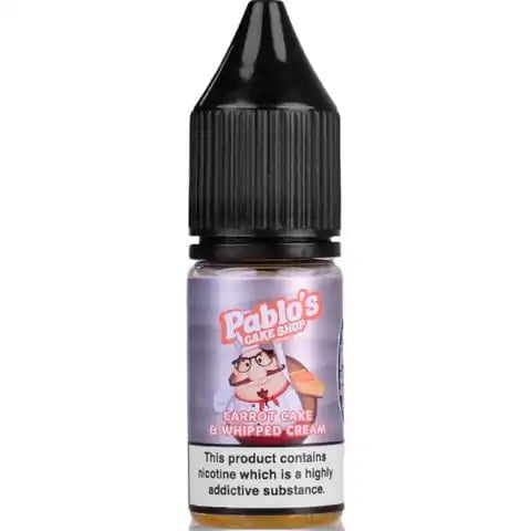 Pablos Cake Shop Nic Salt E-Liquids 20mg / Carrot Cake and Whipped Cream On White Background