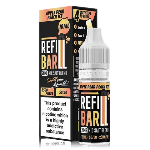 Refill Bar 10ml Nic Salt E-Liquid Apple Pear Peach On White Background