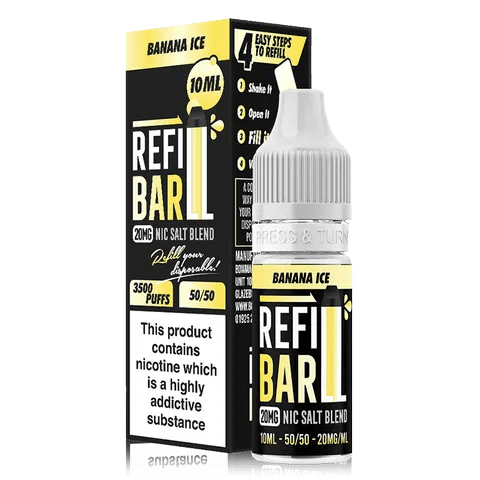 Refill Bar 10ml Nic Salt E-Liquid Banana Ice On White Background