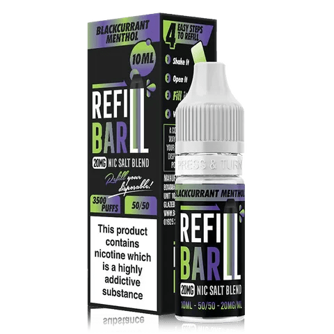 Refill Bar 10ml Nic Salt E-Liquid Blackcurrant Menthol On White Background