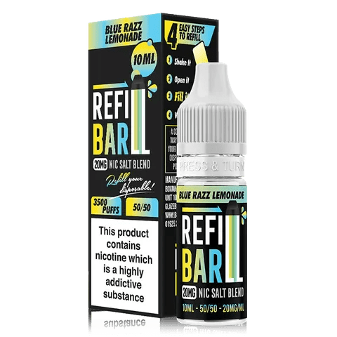 Refill Bar 10ml Nic Salt E-Liquid Blue Razz Lemonade On White Background