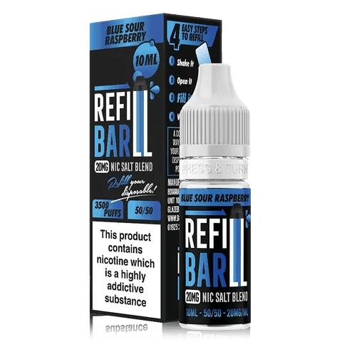 Refill Bar 10ml Nic Salt E-Liquid Blue Sour Raspberry On White Background