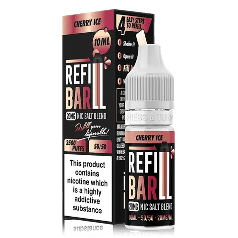 Refill Bar 10ml Nic Salt E-Liquid Cherry Ice On White Background