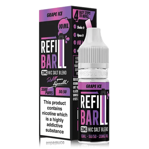 Refill Bar 10ml Nic Salt E-Liquid Grape Ice On White Background