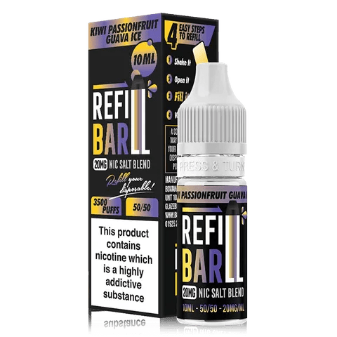 Refill Bar 10ml Nic Salt E-Liquid Kiwi Passionfruit Guava Ice On White Background