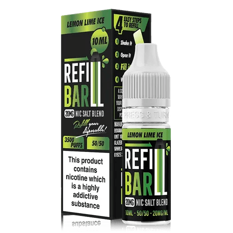 Refill Bar 10ml Nic Salt E-Liquid Lemon Lime Ice On White Background