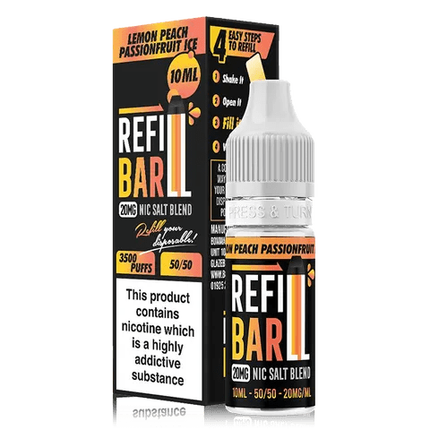 Refill Bar 10ml Nic Salt E-Liquid Lemon Peach Passionfruit Ice On White Background