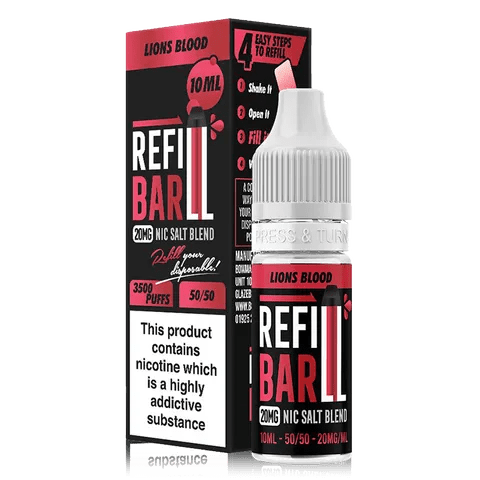 Refill Bar 10ml Nic Salt E-Liquid Lion Blood On White Background