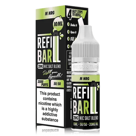 Refill Bar 10ml Nic Salt E-Liquid M NRG On White Background