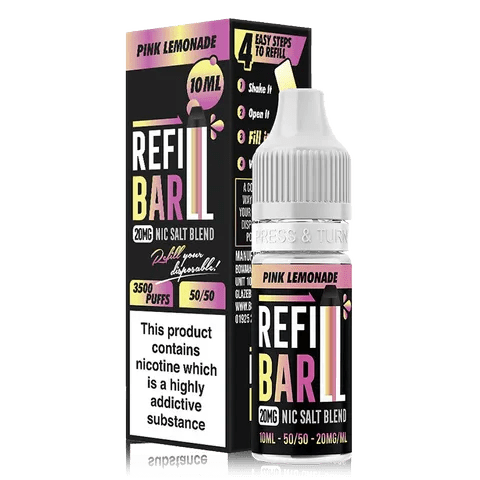 Refill Bar 10ml Nic Salt E-Liquid Pink Lemonade On White Background