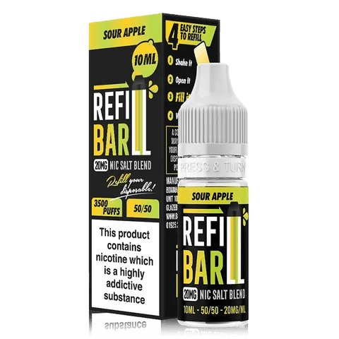 Refill Bar 10ml Nic Salt E-Liquid Sour Apple On White Background