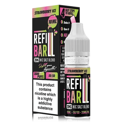 Refill Bar 10ml Nic Salt E-Liquid Strawberry Ice On White Background