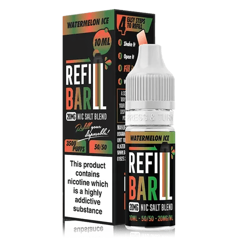 Refill Bar 10ml Nic Salt E-Liquid Watermelon Ice On White Background