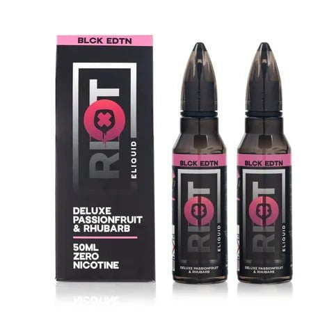 Riot Squad Black Edition 100ml Shortfill E-Liquids Deluxe Passionfruit & Rhubarb On White Background