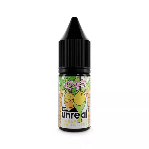 Unreal 3 Propical Nic Salt E-Liquids Pineapple Lemon and Lime / 5mg On White Background