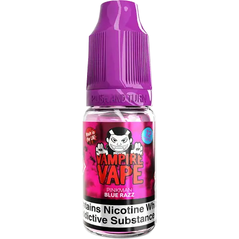 vampire vape pinkman blue razz 12mg bottle on clear background